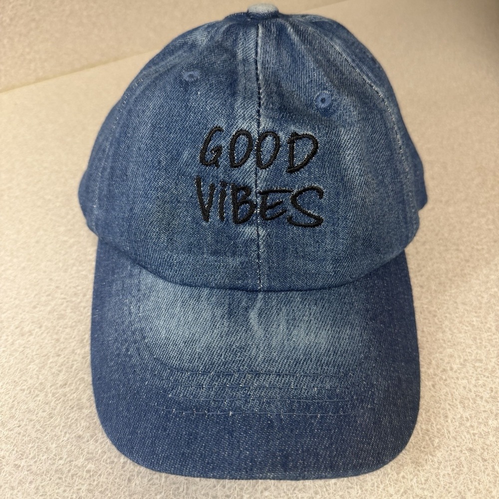 GOOD VIBES Baseball Y2K Cap Hat Faded Blue Denim Look  adjustable 100%‎ Cotton